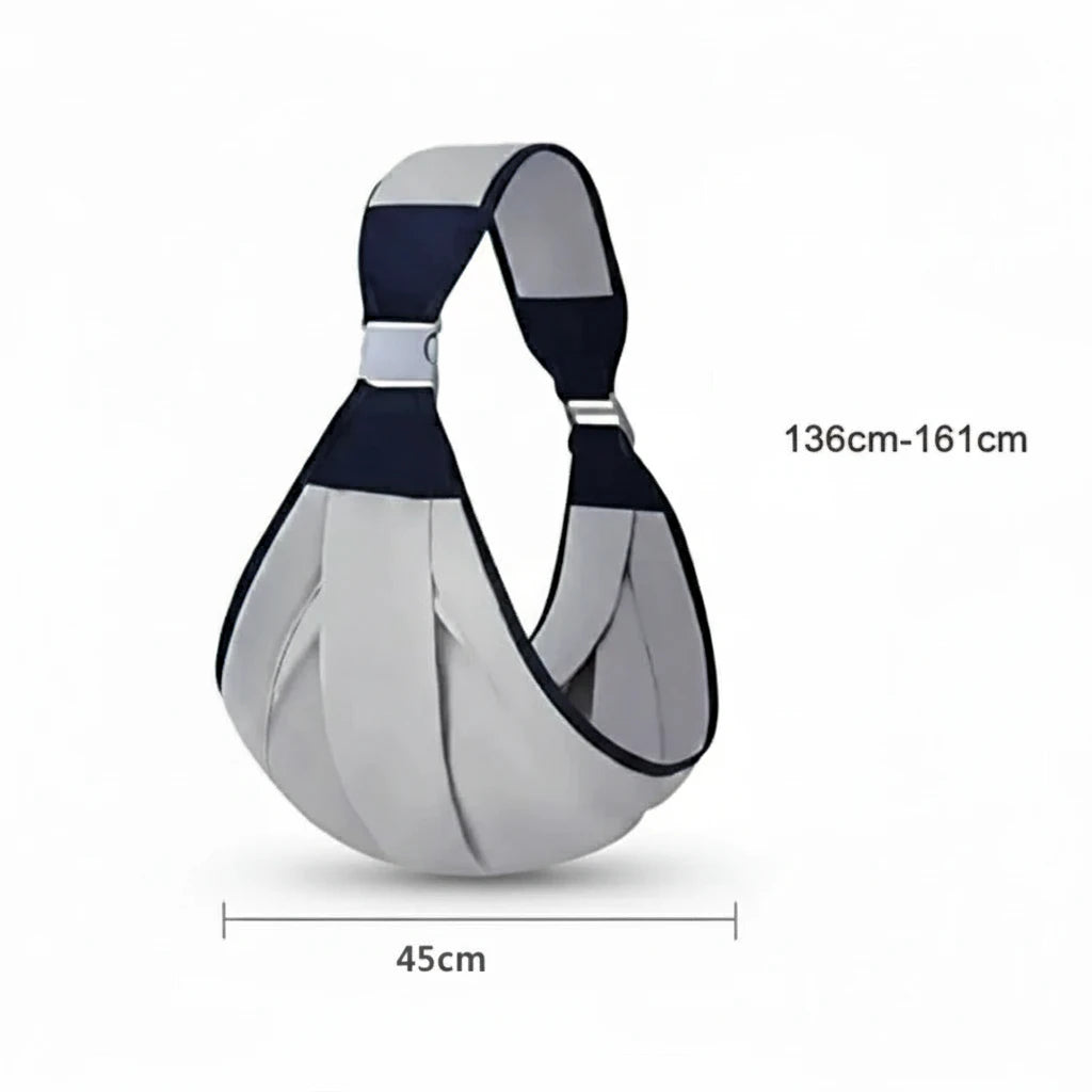 Porte-bébé sling gris Kalinatur avec dimensions ajustables 136 à 161 cm et largeur 45 cm.
