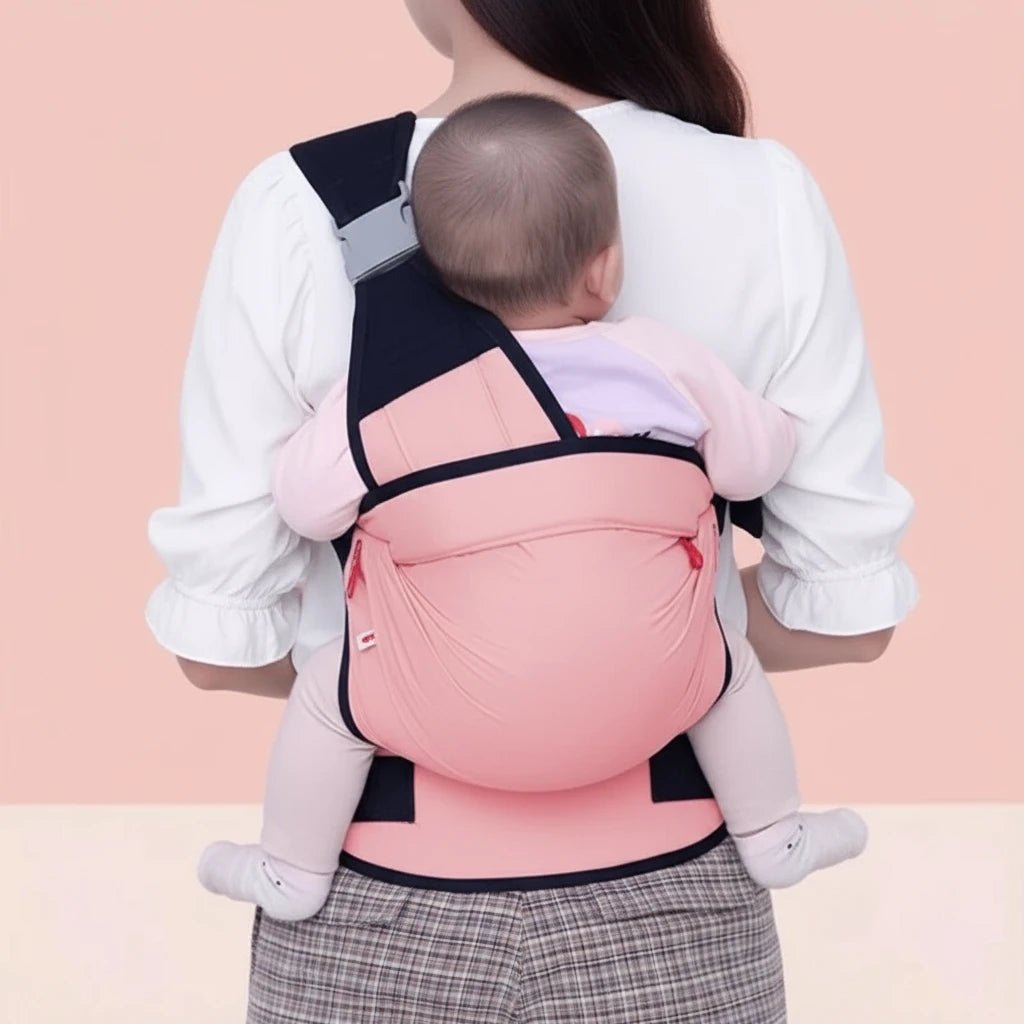 Maman portant son bébé avec le porte-bébé sling rose Kalinatur, maintien confortable et sécurisé.