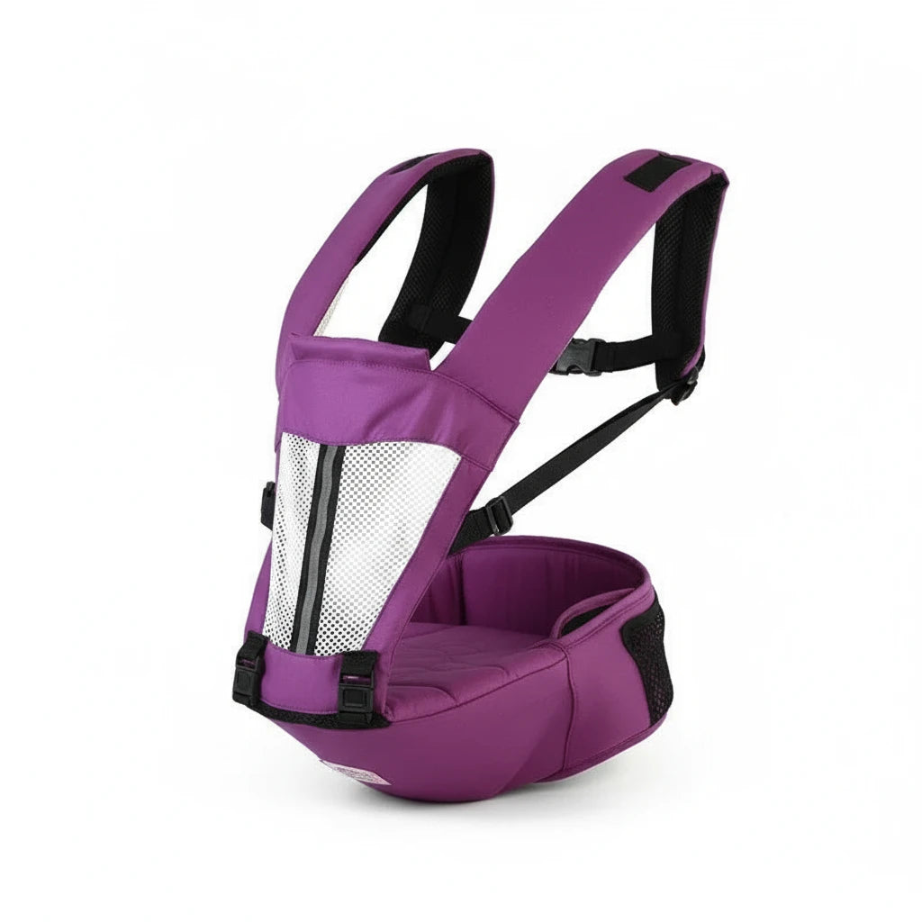 Porte-bébé ergonomique violet Kalinatur avec dossier respirant et assise large pour bébé.