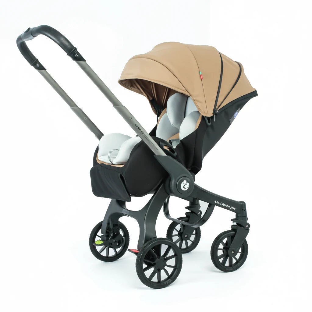 Poussette 4-en-1 beige Kalinatur avec assise respirante et capote réglable.