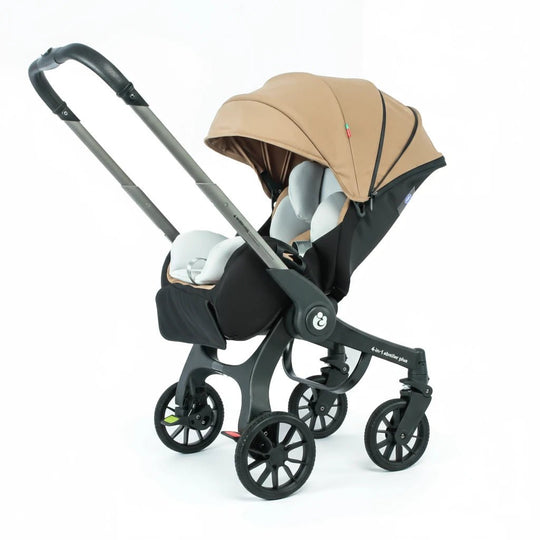 Poussette 4-en-1 beige Kalinatur avec assise respirante et capote réglable.