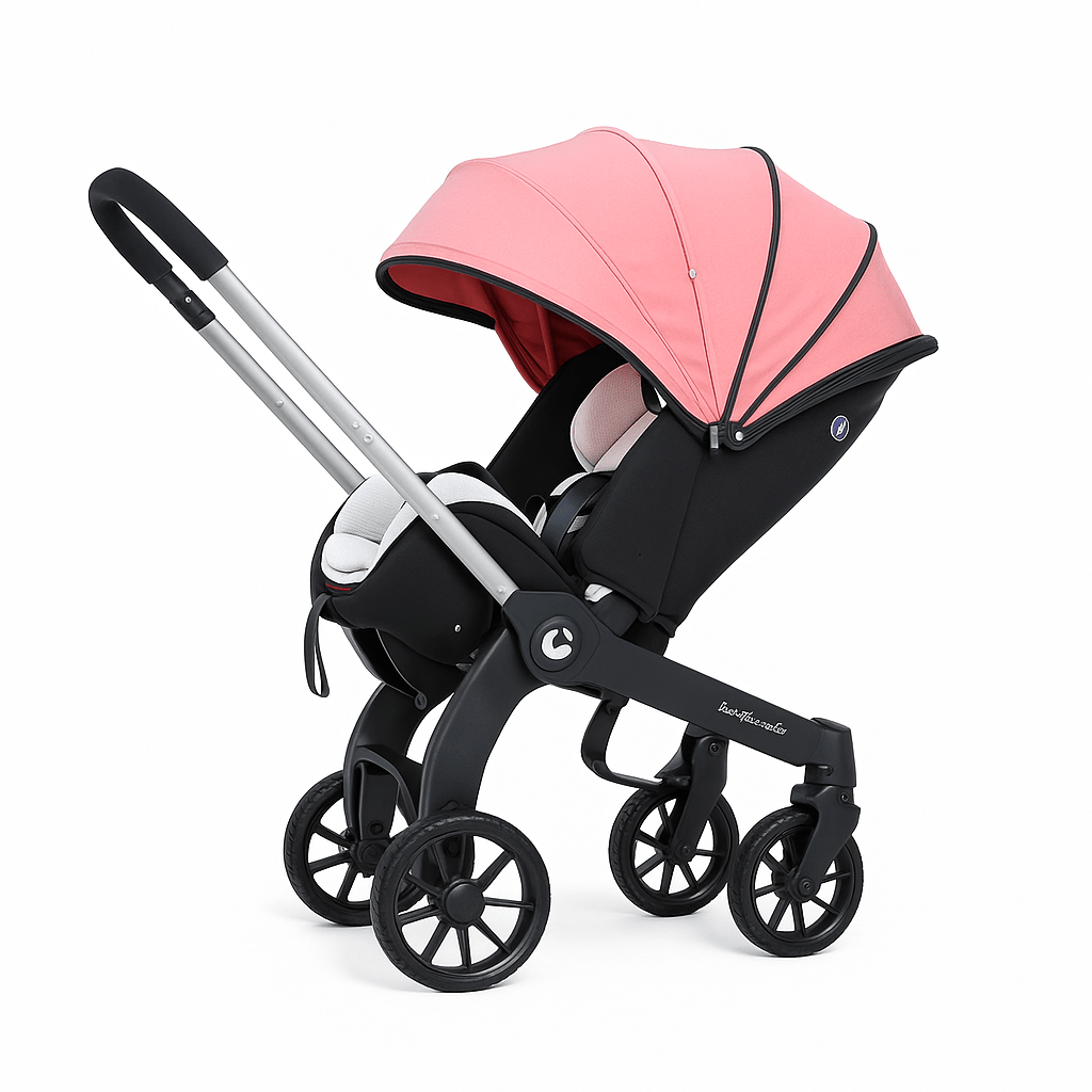 Poussette 4-en-1 rose clair Kalinatur, siège bébé confortable et roues pivotantes.