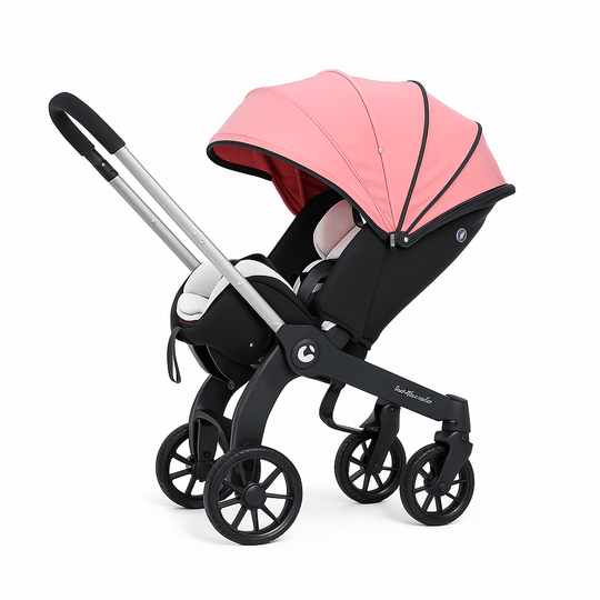 Poussette 4-en-1 rose clair Kalinatur, siège bébé confortable et roues pivotantes.
