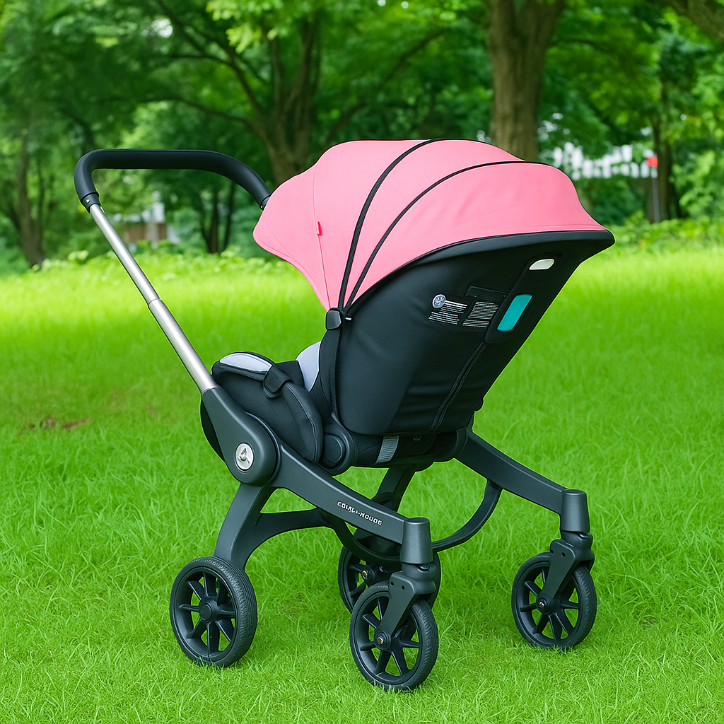 Poussette 4-en-1 rose Kalinatur, utilisée en extérieur avec capote protectrice.