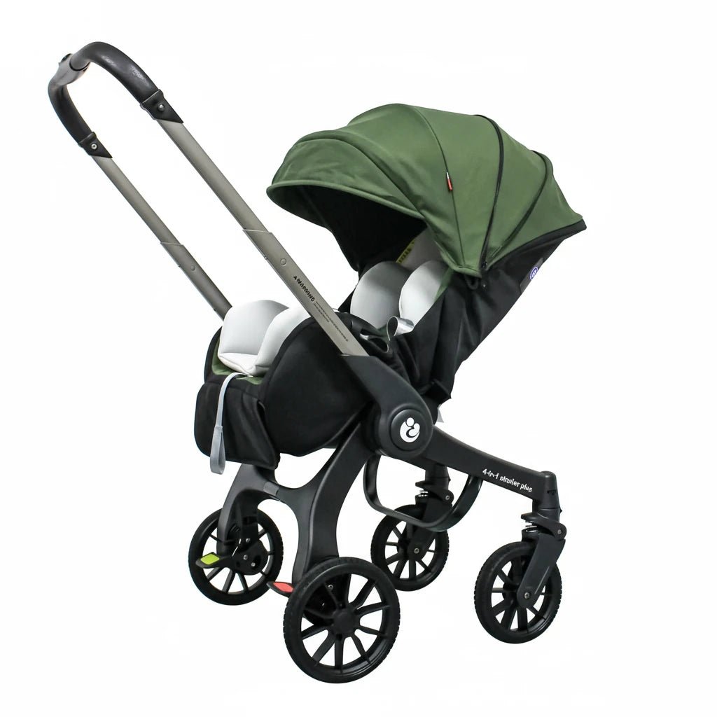 Poussette 4-en-1 verte Kalinatur, siège bébé avec capote anti-UV.