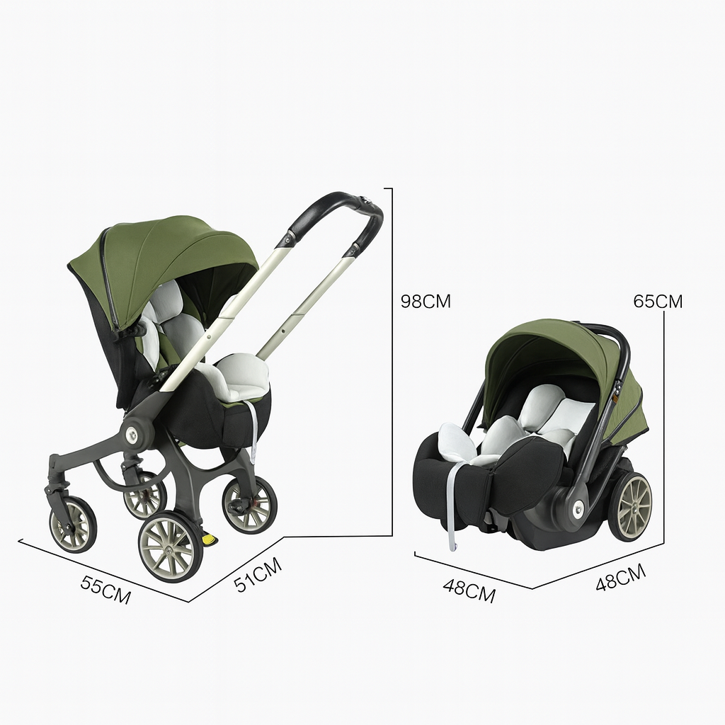 Dimensions détaillées de la poussette 4-en-1 verte Kalinatur et du siège auto bébé.