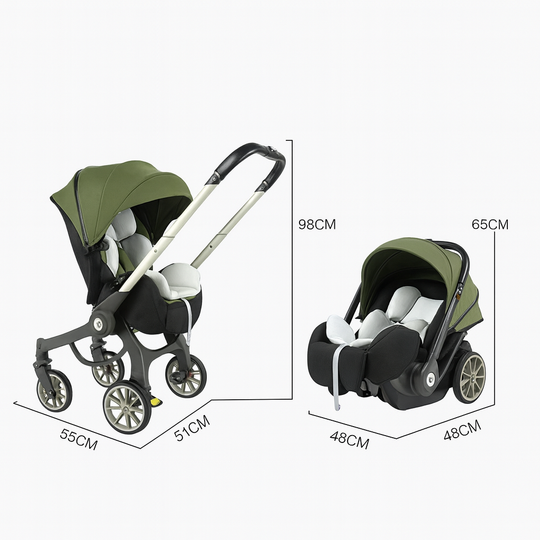 Dimensions détaillées de la poussette 4-en-1 verte Kalinatur et du siège auto bébé.