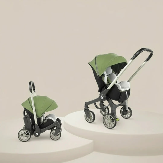 Poussette 4-en-1 verte Kalinatur en duo, deux configurations pour bébé et nouveau-né.