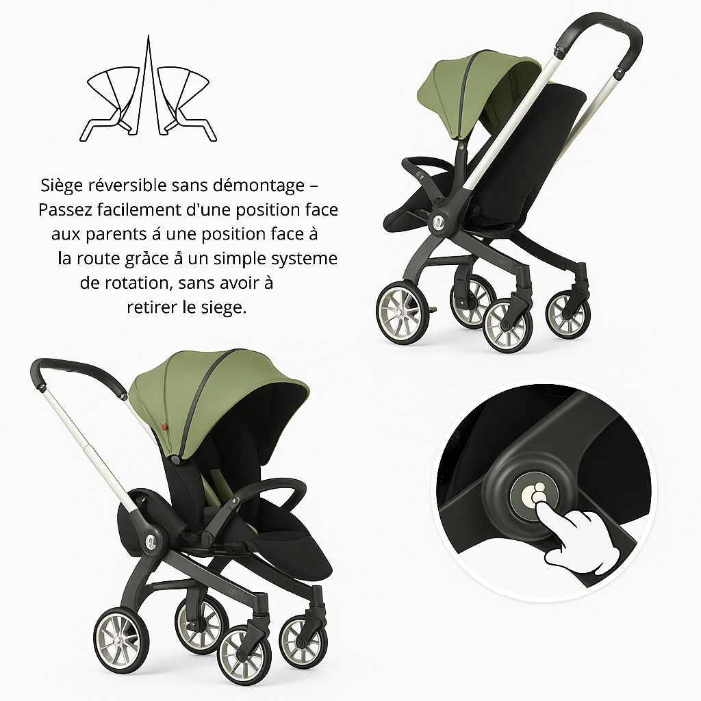 Poussette 4-en-1 verte Kalinatur avec siège réversible face route ou face parent sans démontage.