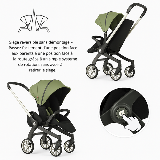 Poussette 4-en-1 verte Kalinatur avec siège réversible face route ou face parent sans démontage.
