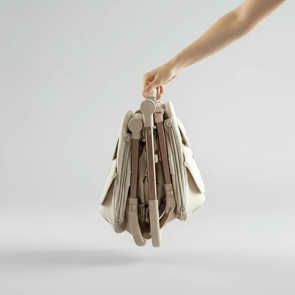 Poussette jumeaux beige Kalinatur pliée de manière compacte, légère et transportable.