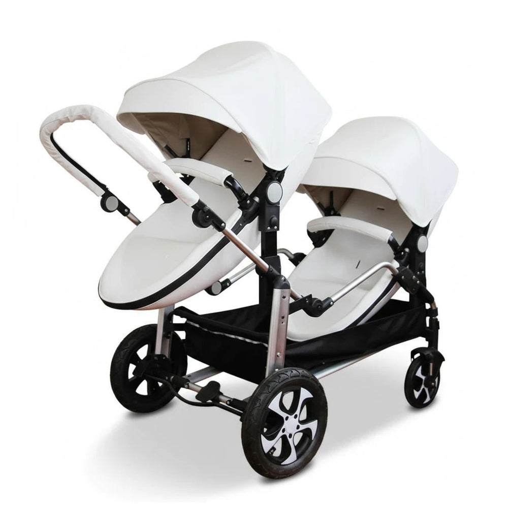 Poussette jumeaux blanche Kalinatur, modèle haut de gamme avec assises multiples.