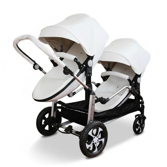 Poussette jumeaux blanche Kalinatur, modèle haut de gamme avec assises multiples.