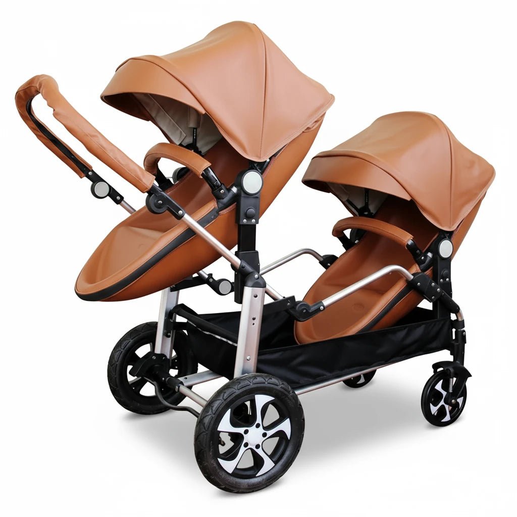 Poussette jumeaux camel Kalinatur, design luxe 2-en-1 avec sièges réversibles.