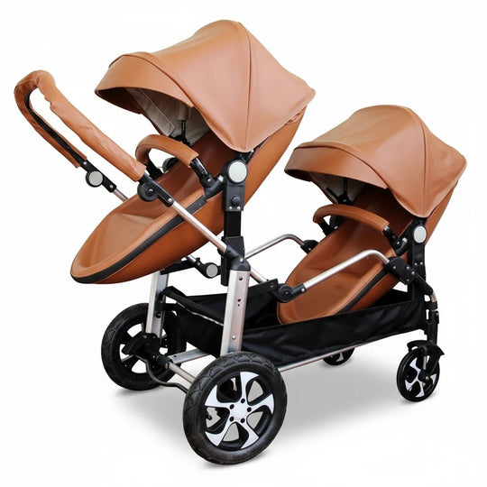 Poussette jumeaux camel Kalinatur, design luxe 2-en-1 avec sièges réversibles.