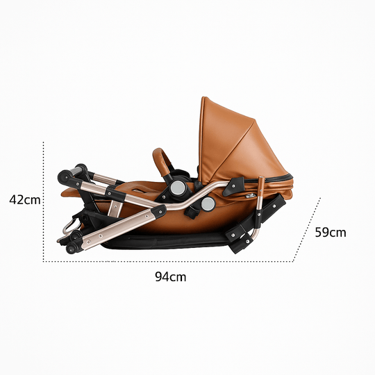 Dimensions détaillées de la poussette jumeaux camel Kalinatur pliée.
