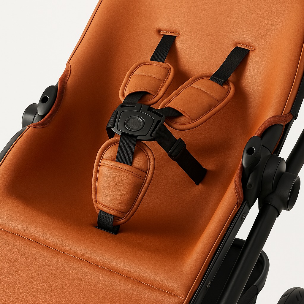 Harnais de sécurité cinq points sur la poussette jumeaux camel Kalinatur.