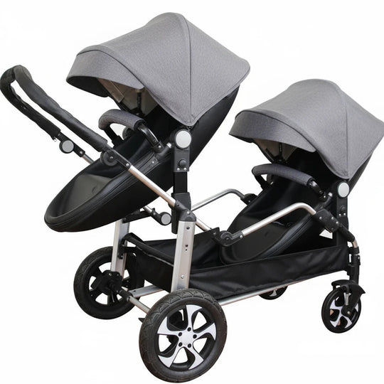 Poussette jumeaux grise Kalinatur, structure robuste et sièges confortables.
