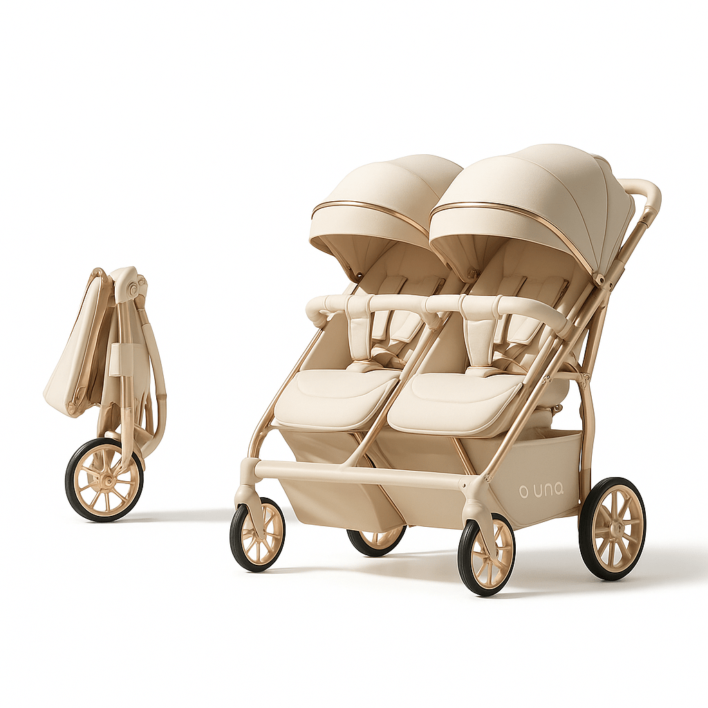 Poussette jumeaux beige Kalinatur, design luxe avec sièges réversibles et châssis léger.