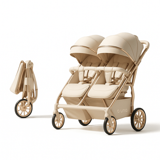 Poussette jumeaux beige Kalinatur, design luxe avec sièges réversibles et châssis léger.