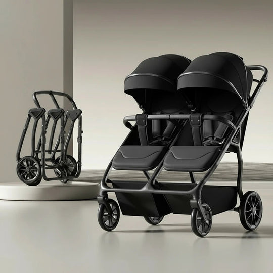Poussette jumeaux noire Kalinatur, modèle premium avec sièges réversibles et grande stabilité.