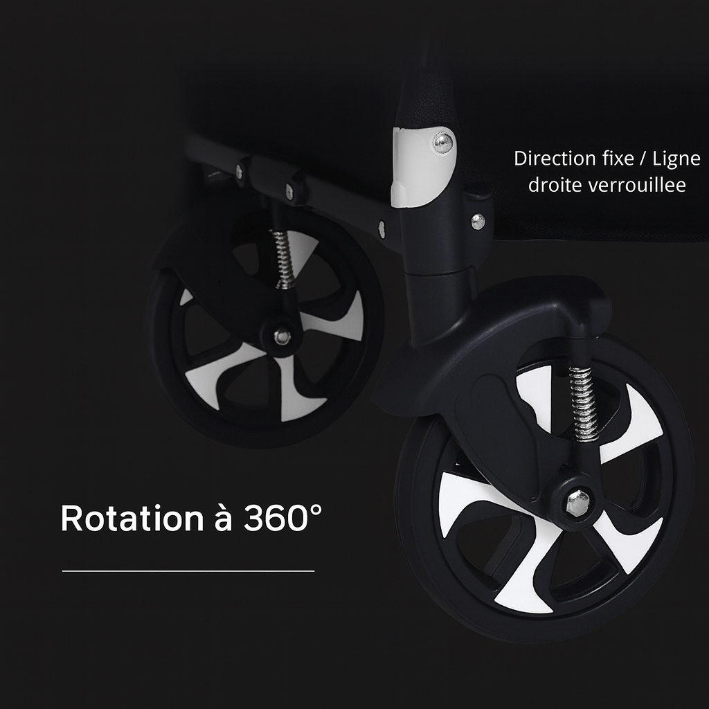 Roues avant de poussette jumeaux Kalinatur avec rotation 360° et mode verrouillage.