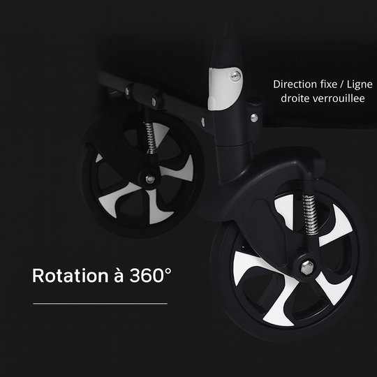 Roues avant de poussette jumeaux Kalinatur avec rotation 360° et mode verrouillage.