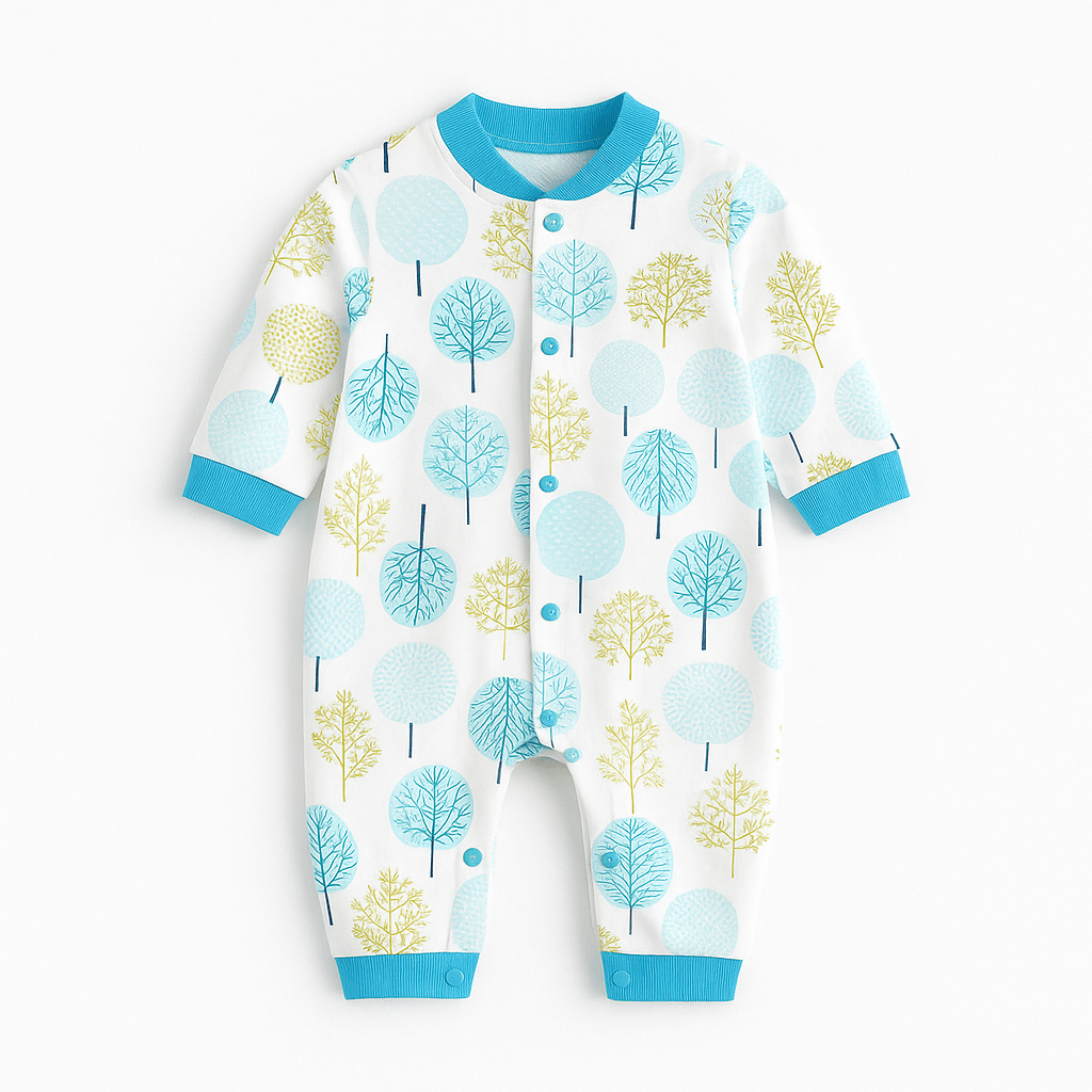 Pyjama bébé décoré d’arbres dans des tons bleu pastel, vert d’eau et jaune doux.
