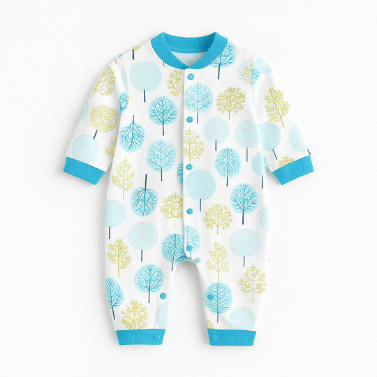Pyjama bébé décoré d’arbres dans des tons bleu pastel, vert d’eau et jaune doux.