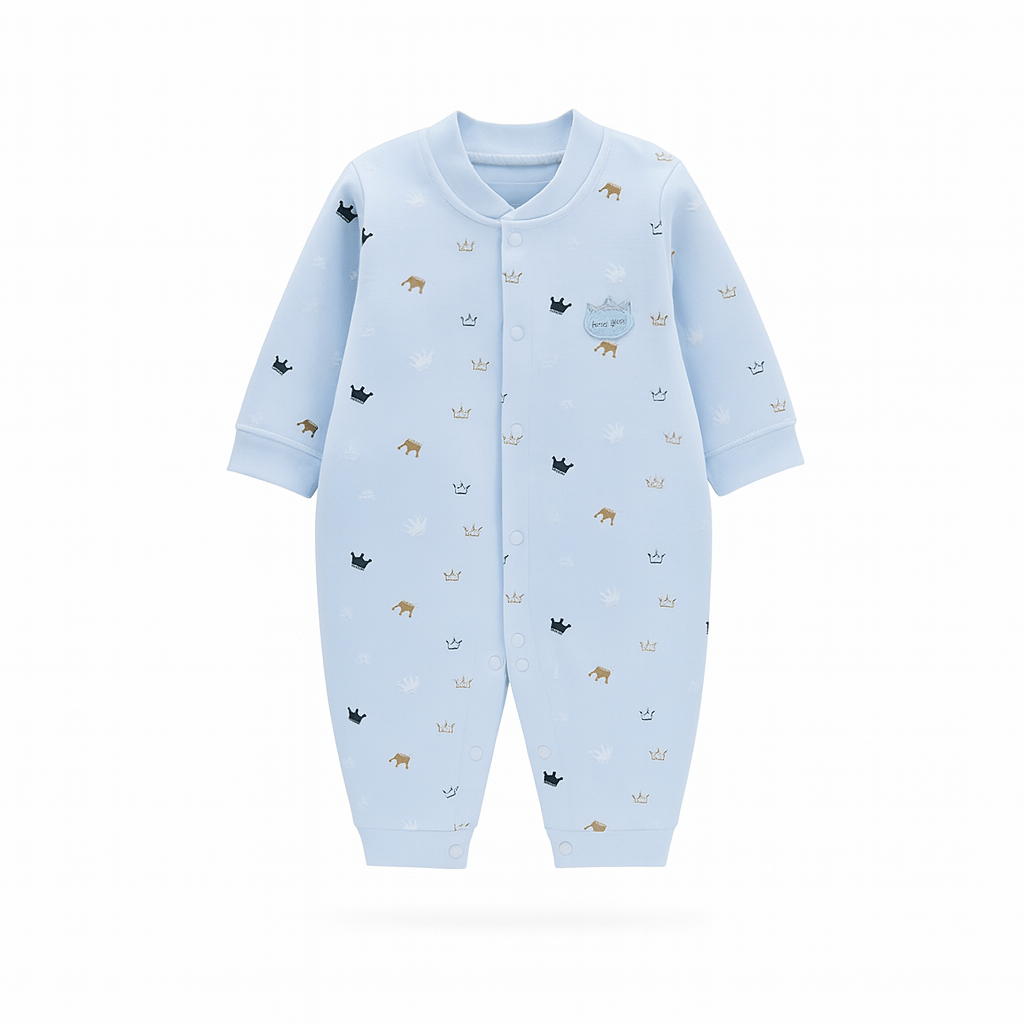 Pyjama bébé bleu pastel imprimé de petits animaux et de couronnes décoratives.