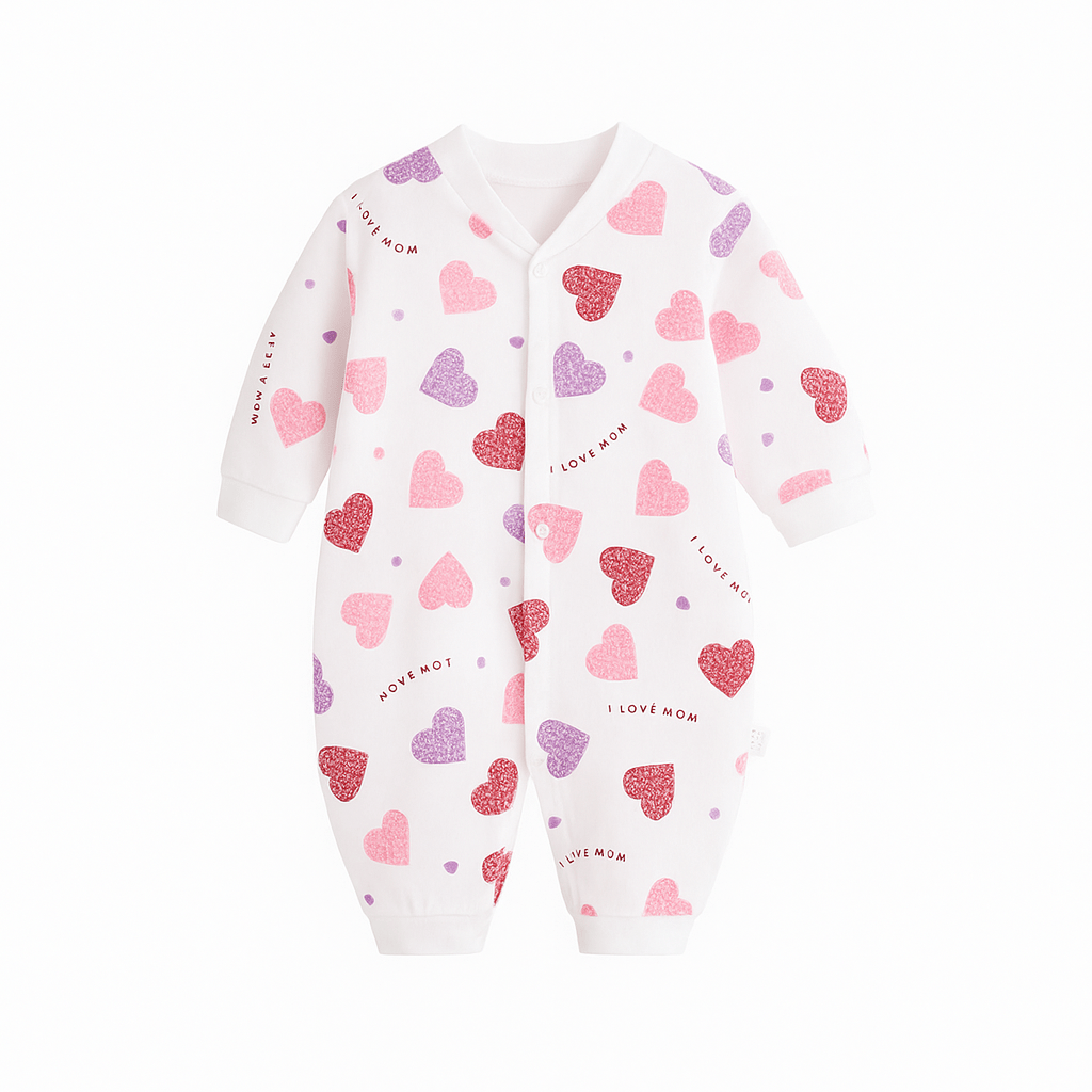 Pyjama bébé blanc décoré de cœurs roses et violets avec l’inscription “I LOVE MOM” répétée.