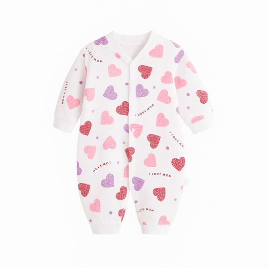 Pyjama bébé blanc décoré de cœurs roses et violets avec l’inscription “I LOVE MOM” répétée.