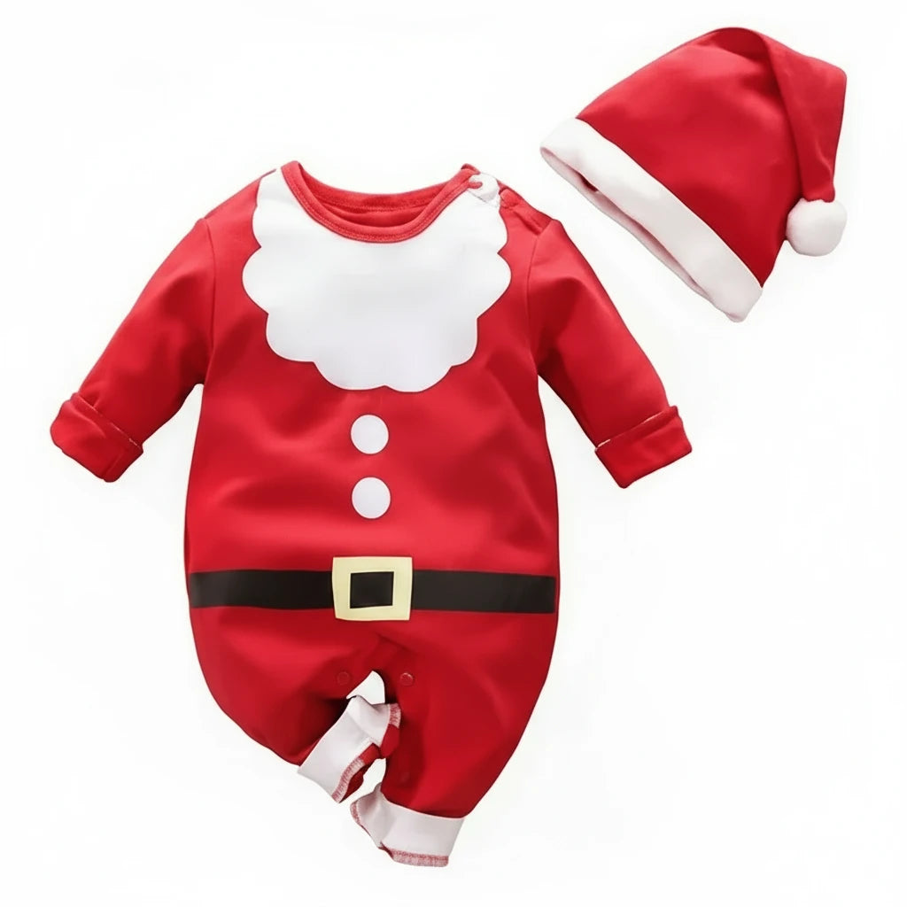 Pyjama bébé rouge Kalinatur style Père Noël avec col blanc, ceinture imprimée, boutons-pression et bonnet assorti.