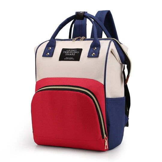 Sac à dos à langer rouge blanc et bleu Kalinatur, grande poche avant et design robuste pour parents.