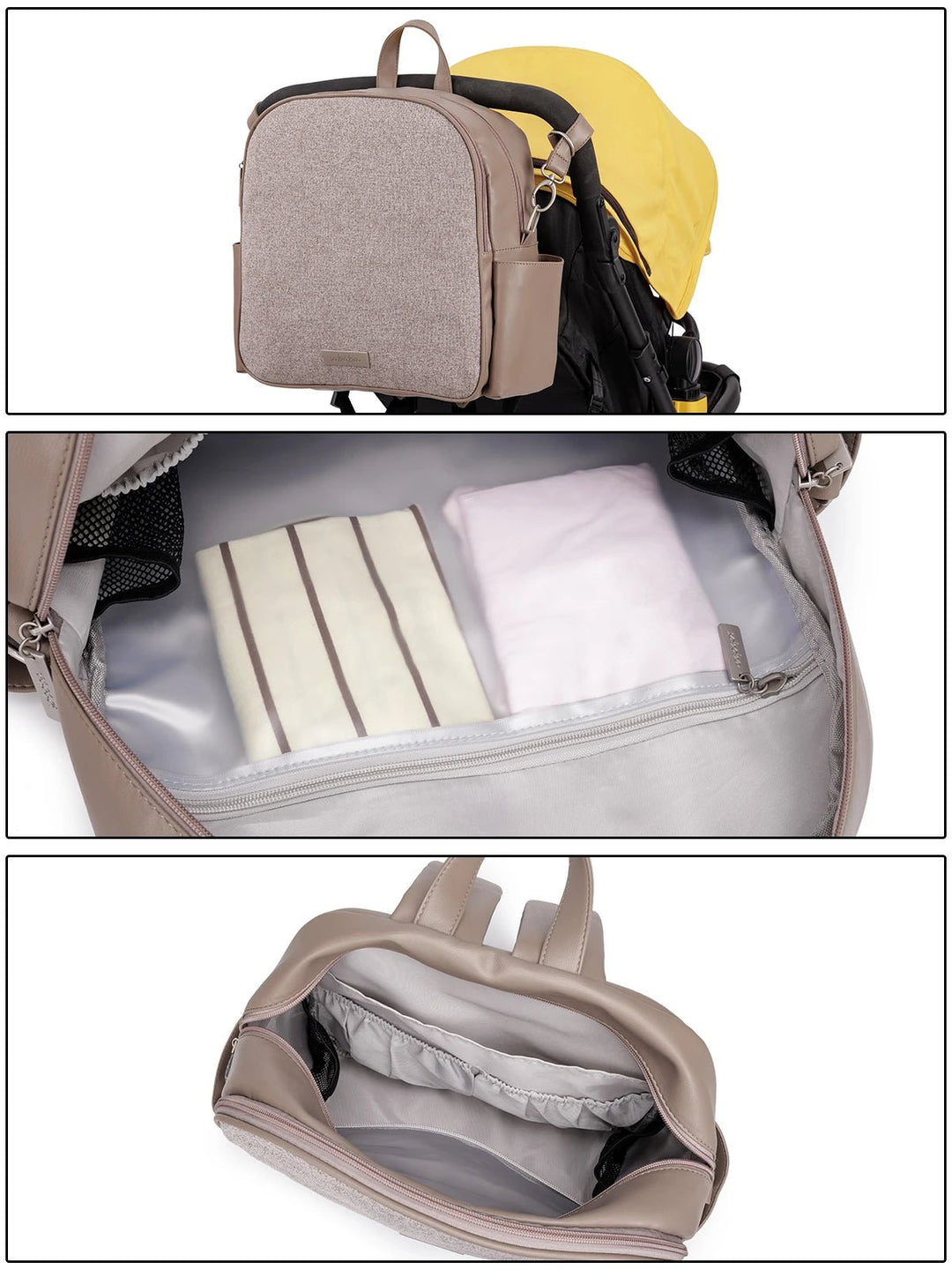 Sac à langer Kalinatur accroché à la poussette et vue des compartiments intérieurs.