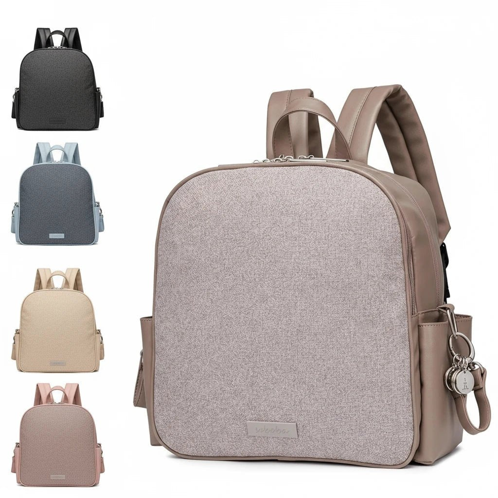 Collection sacs à langer Kalinatur en quatre couleurs : taupe, beige, noir et bleu.