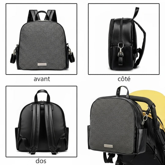 Sac à langer noir Kalinatur vu de face, de côté et du dos.