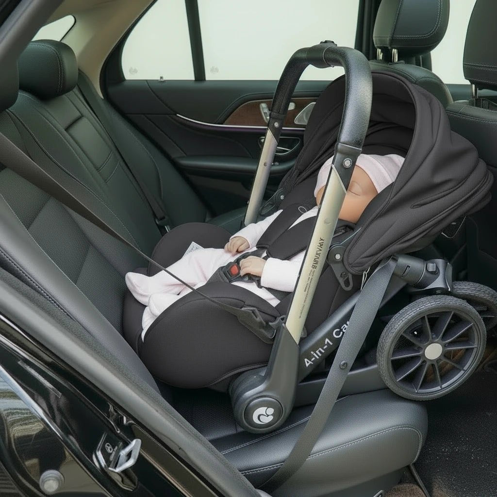 Siège bébé 4-en-1 Kalinatur installé en voiture avec harnais sécurisé.