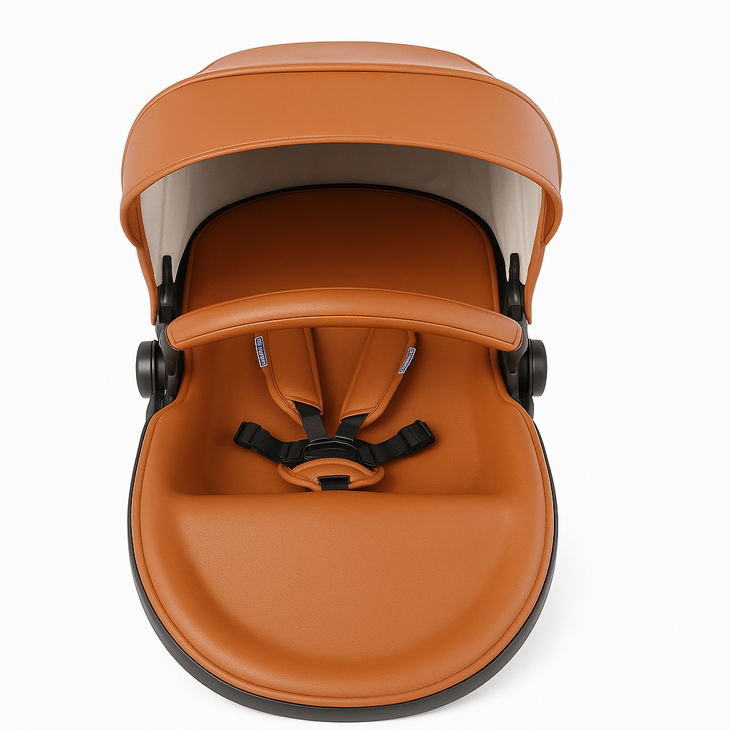 Assise camel de poussette jumeaux Kalinatur avec harnais sécurisé.