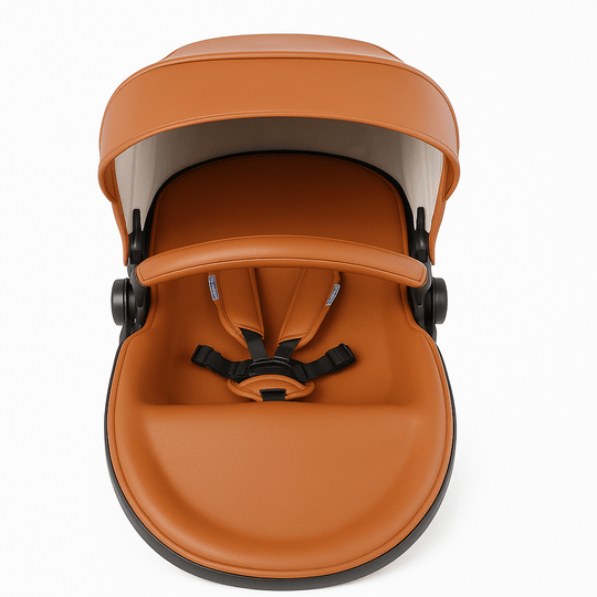 Assise camel de poussette jumeaux Kalinatur avec harnais sécurisé.