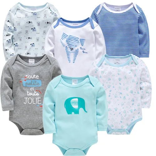 Lot de 6 bodies bébé mixtes à manches longues, motifs panda, ours Brave Bear, rayures bleues, éléphant et imprimés doux bleu clair, confort Kalinatur.