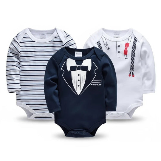 Lot de 3 bodies bébé garçon à manches longues, motifs smoking, rayures bleues et bretelles, style élégant et confortable Kalinatur.