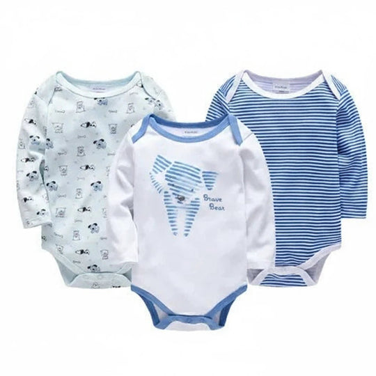 Lot de 3 bodies bébé garçon à manches longues, motifs panda, ours Brave Bear et rayures bleues, confort doux Kalinatur.