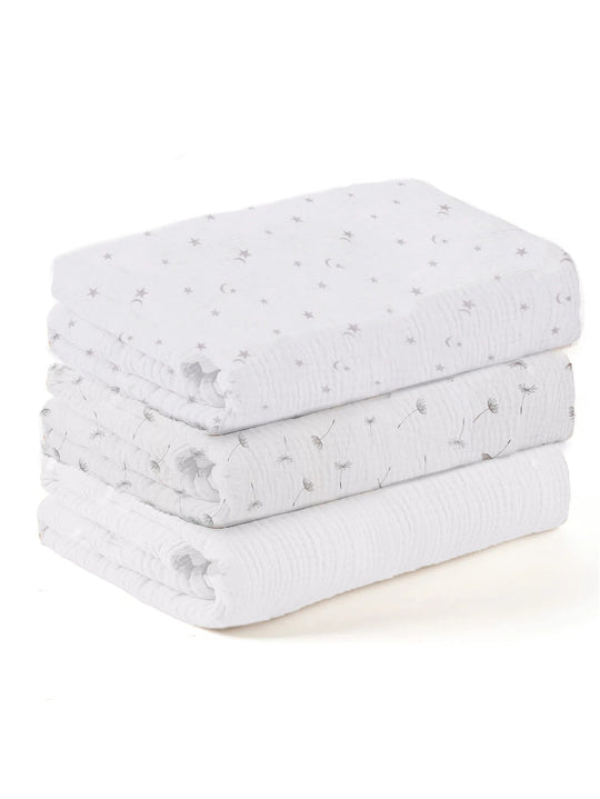 Lot de trois couvertures bébé en mousseline de coton blanc avec motifs étoiles et pissenlits, douces et respirantes pour nouveau-né, Olive Lismaily