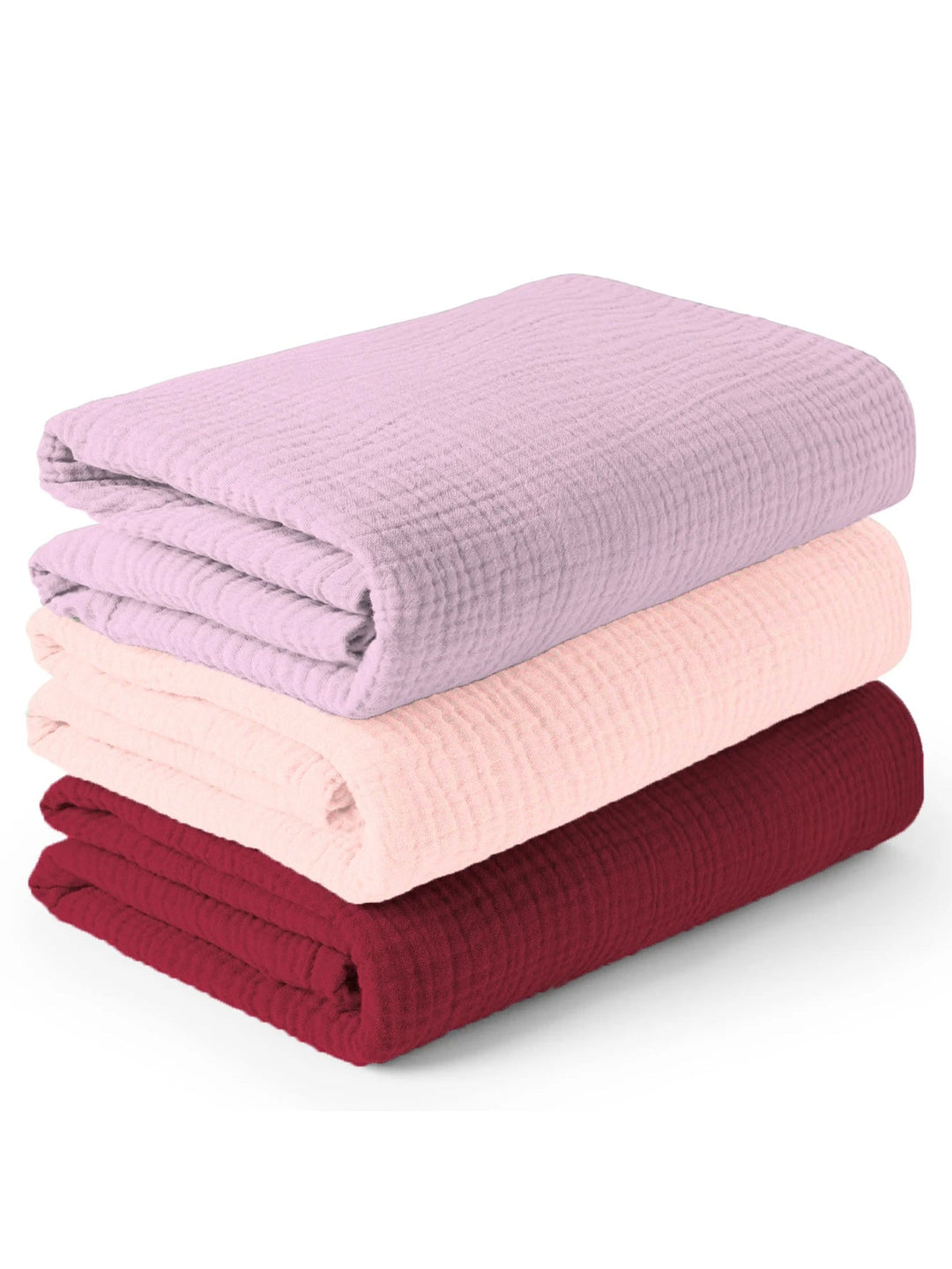 Lot de trois couvertures bébé en mousseline de coton aux couleurs lilas, rose poudré et bordeaux, douces et respirantes pour nouveau-né, Olive Lismaily