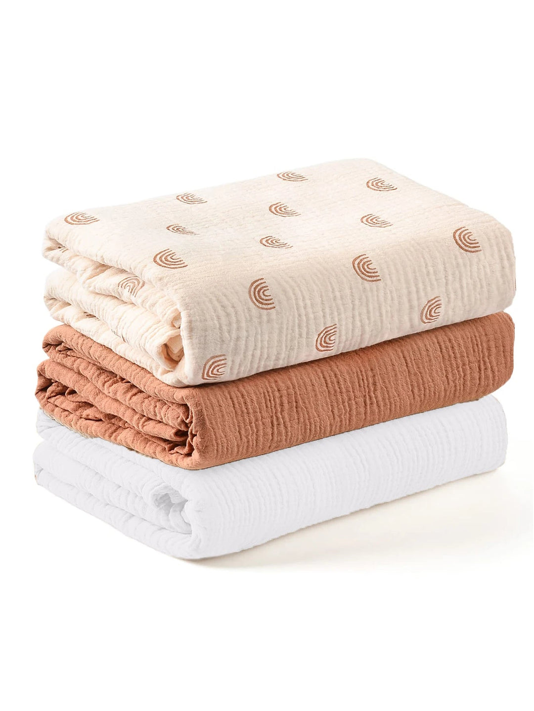 Lot de trois couvertures bébé en mousseline de coton aux couleurs écru imprimé, terracotta et blanc, douces et respirantes pour nouveau-né, Olive Lismaily