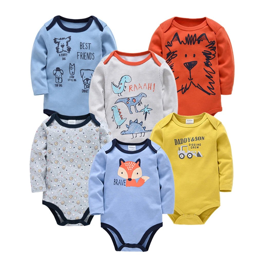 Set of 6 Baby Bodysuits 100% Cotton – Long Sleeves, Comfort &amp; Natural Softness | Kalinatur