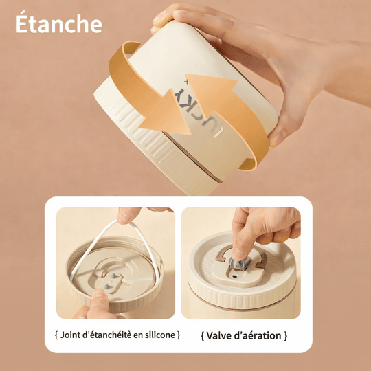 Lunch box isotherme avec système anti-fuite, joint d’étanchéité en silicone et valve d’aération pour éviter les fuites et conserver les aliments.