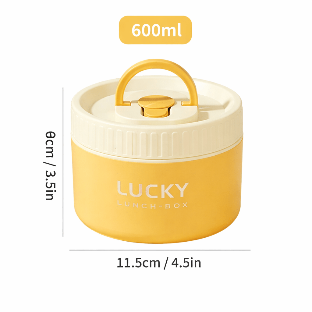 Lunch box isotherme ronde 600 ml avec poignée de transport et couvercle hermétique, diamètre 11,5 cm et hauteur 9 cm.
