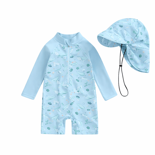 Combinaison maillot de bain bébé anti-UV manches longues bleu motif baleines avec chapeau protection solaire bébé pour plage mer piscine vacances
